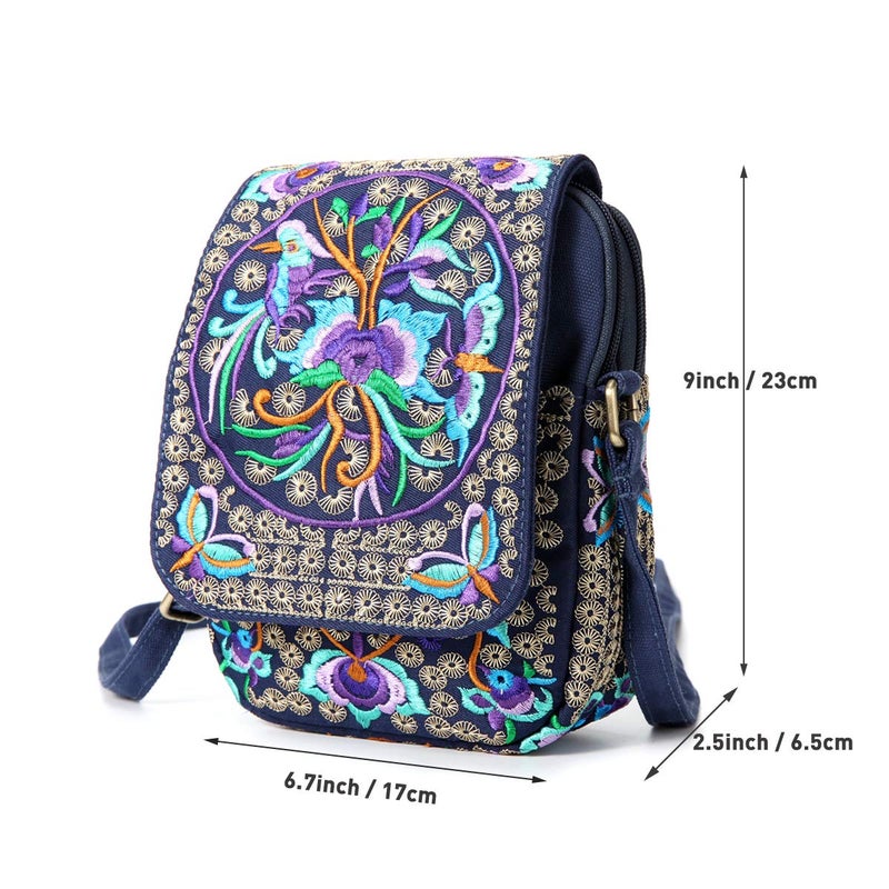 SILKAREA Embroidered Small Canvas Crossbody Bag for Women - Handmade Mini Shoulder Bag Wallet Pouch (Blue) - Image 4